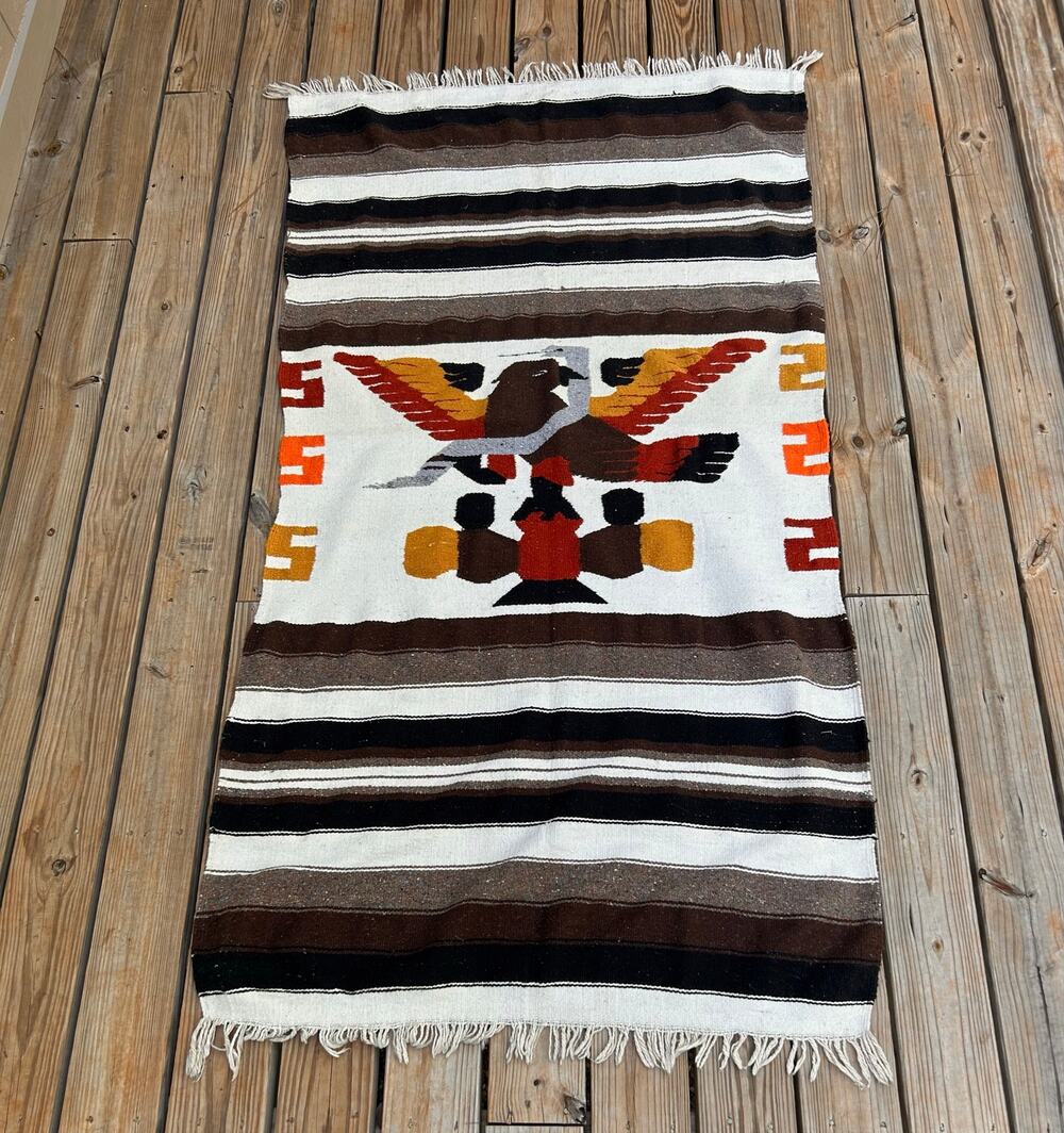 Vintage Southwestern Woven Rug Blanket Eagle Thunderbird Fringe 42x76 Boho -